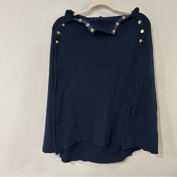 G.I.L.I. Navy Blue Gold Button Cowl Neck Poncho Sweater Women’s Medium Large - Picture 2 of 7